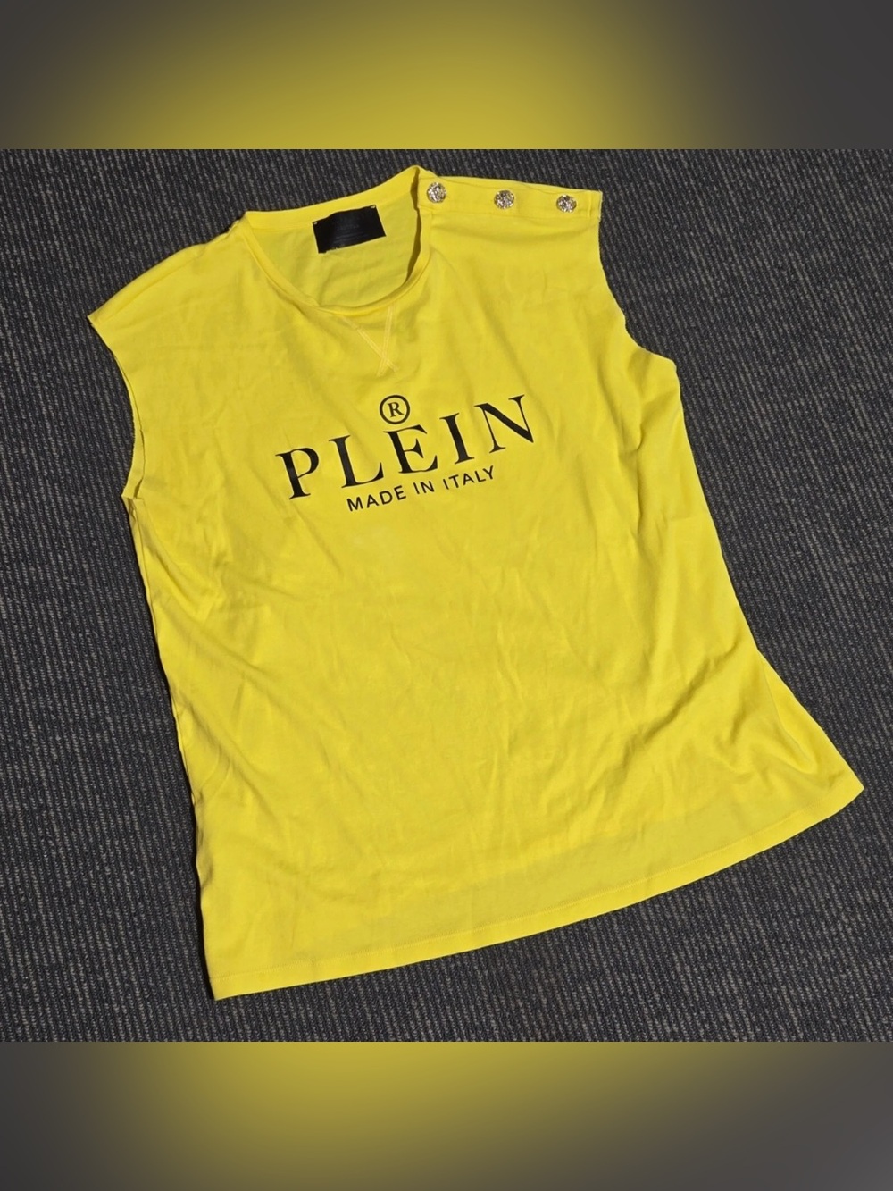 Philipp Plein Yellow Sleeveless Logo Tank with Shoulder Buttons